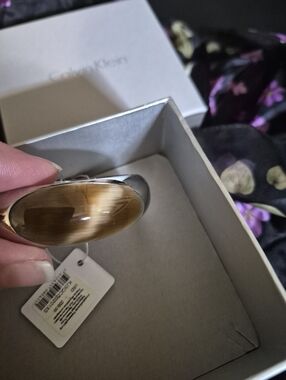 NWT IN BOX Calvin Klein  Stainless Steel Hinged Agate Silver Dome Bracelet 6.5'